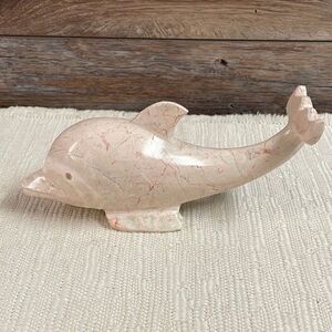 Carved Pink Marble Stone Dolphin Figurine Paperweight Sea Life  8 1/2” L Vintage